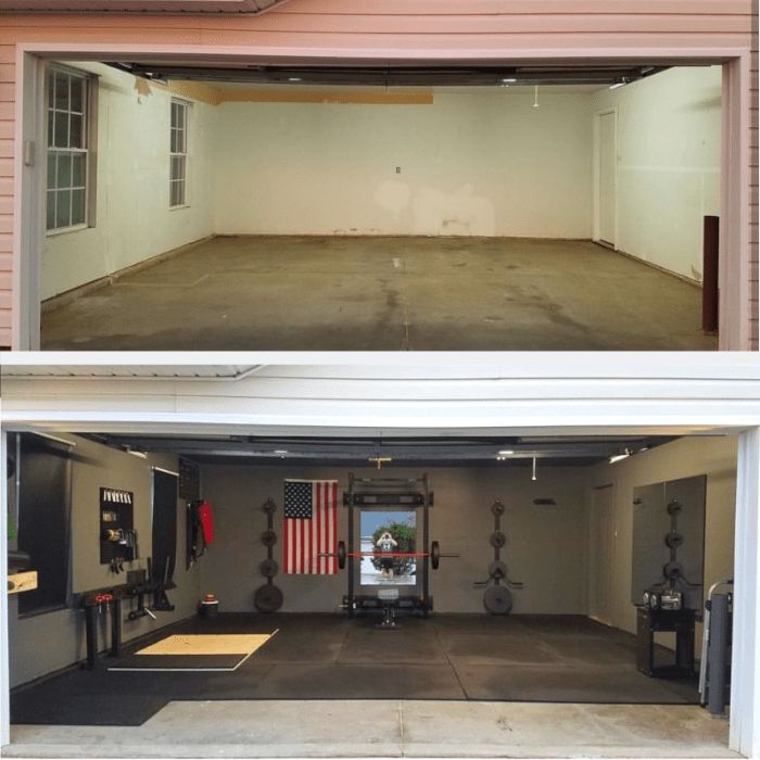 before and after photos of an empty garage with american flag hanging on the side wall