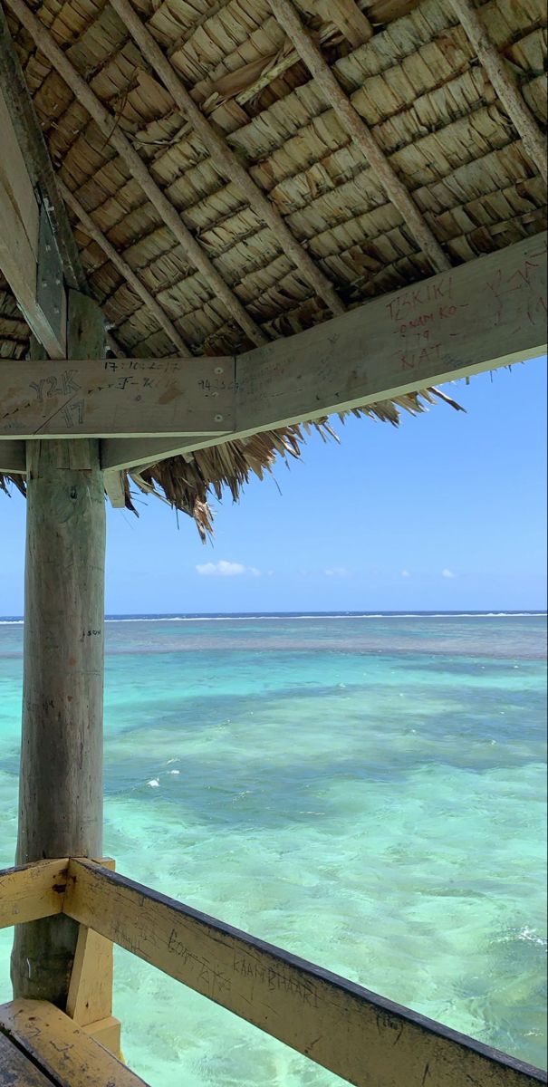 a wooden bench sitting under a thatched roof next to the ocean with clear blue water