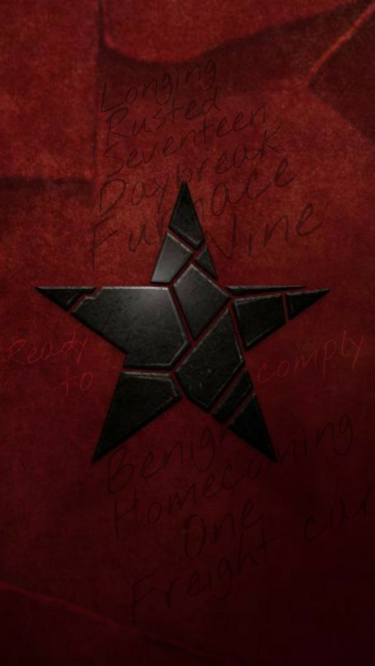 a star with writing on it in the middle of a red wallpapered room