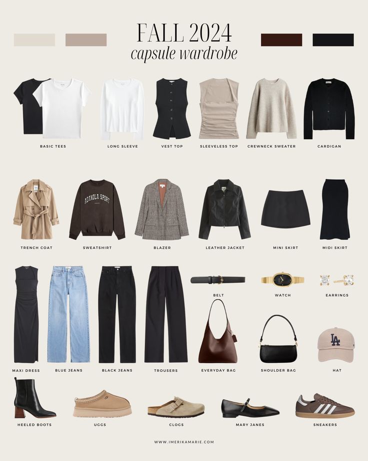 Fall 2024 Capsule Wardrobe + Outfit Ideas 2024 Fall Fashion Outfit Ideas, Grown Up Outfits Casual, Must Have Capsule Wardrobe Pieces, Autumn Trip Outfit, Fall Winter 2024 Capsule Wardrobe, Minimalist Travel Wardrobe Fall, Fall Chicago Outfits 2024, Fall And Winter Staples, Fall Classic Capsule Wardrobe