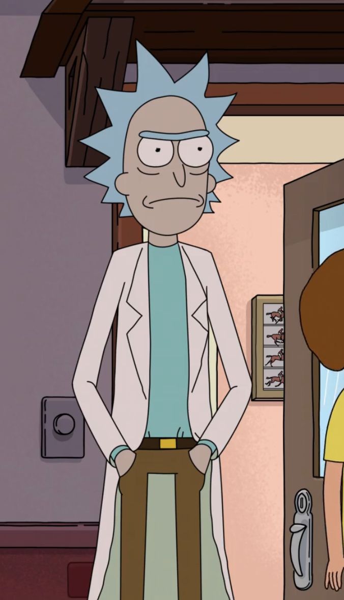 rick and mort standing in front of an open door