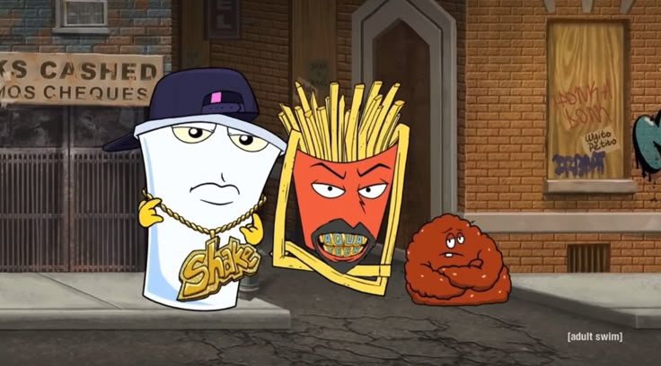 two cartoon characters are standing in front of a building and one is holding a bag of fries