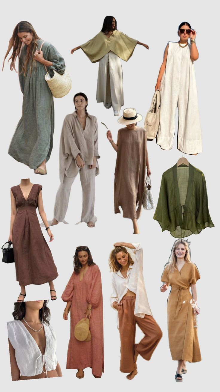 #linen #outfit #look #clean Earthy Minimalist Wardrobe, Linen Holiday Outfits, Linen Clothes Aesthetic, Linen Moodboard, Modest Boho Outfits, Earth Tone Wardrobe, Natural Outfit, Dinner Clothes, Boho Formal