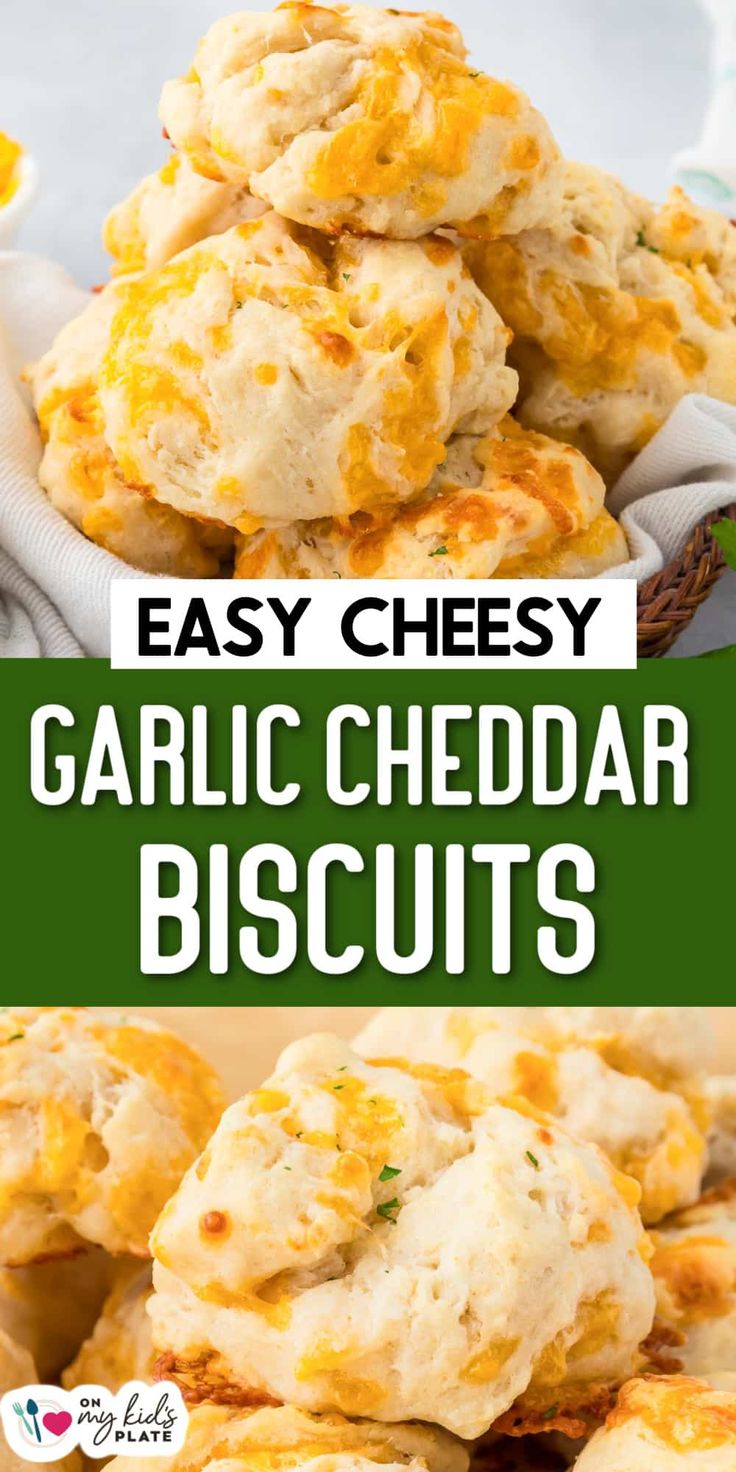 garlic cheddar biscuits stacked on top of each other with text overlay that reads easy cheddar biscuits