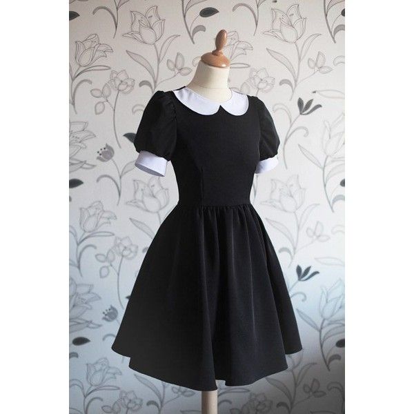 Vintage black dress with cute white collar, Wednesday Addams... ❤ liked on Polyvore featuring dresses, vintage day dress, kohl dresses, vintage black dress, black dress and black day dress Wednesday Inspired Dress, Black Dress Puffy Sleeves, Wednesday Black Dress, Black Dress Wednesday, Wednesday Clothing, Wednesday Shoes, Wednesday Clothes, Wednesday Addams Style, Wednesday Style