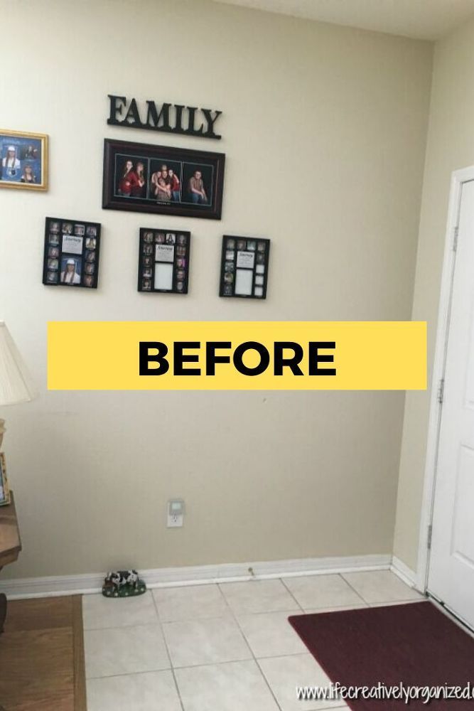 a living room with pictures on the wall before and after it was painted yellow,