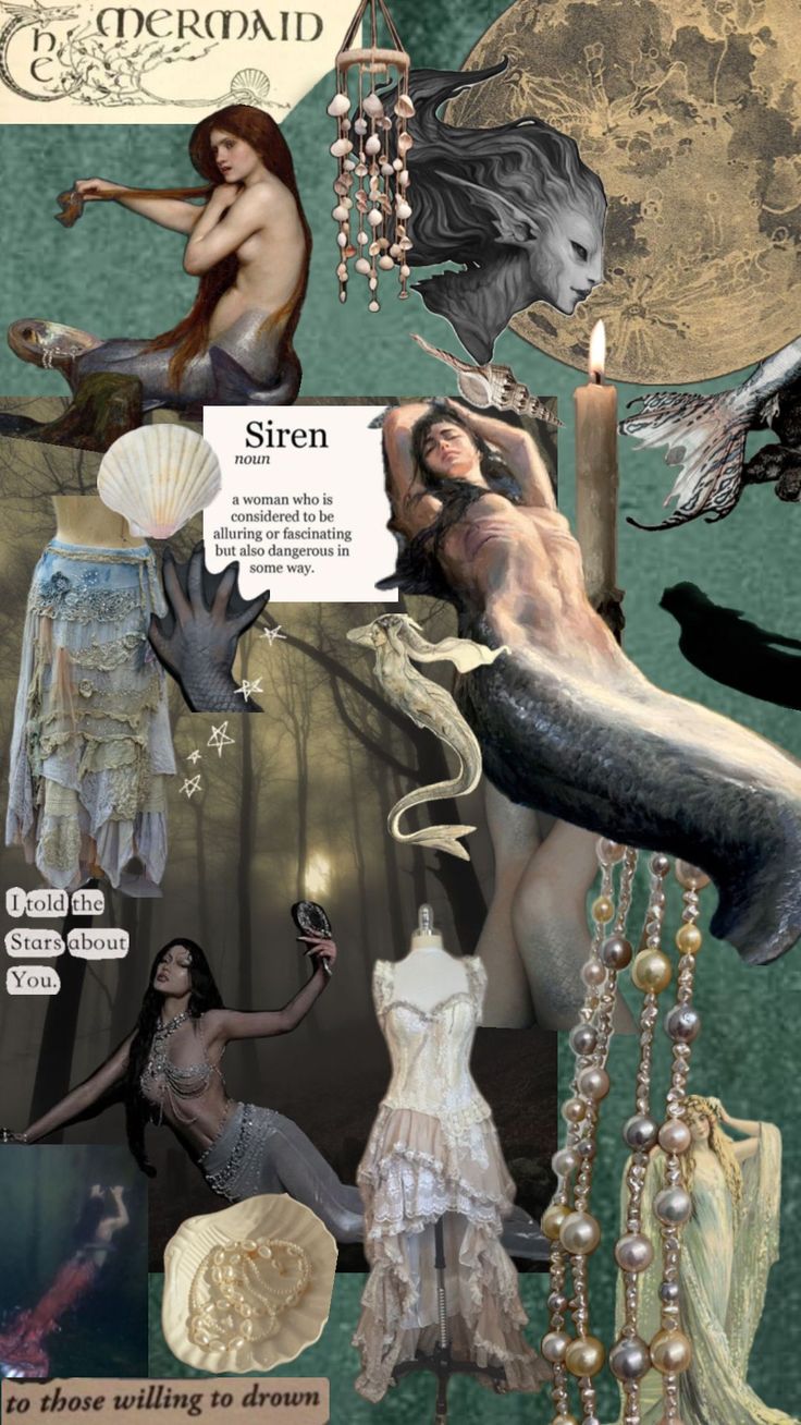 a collage of images with mermaids, pearls and other things in them that are all over the place