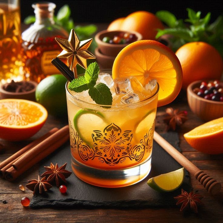 a drink with orange slices and anise on the rim, surrounded by other ingredients