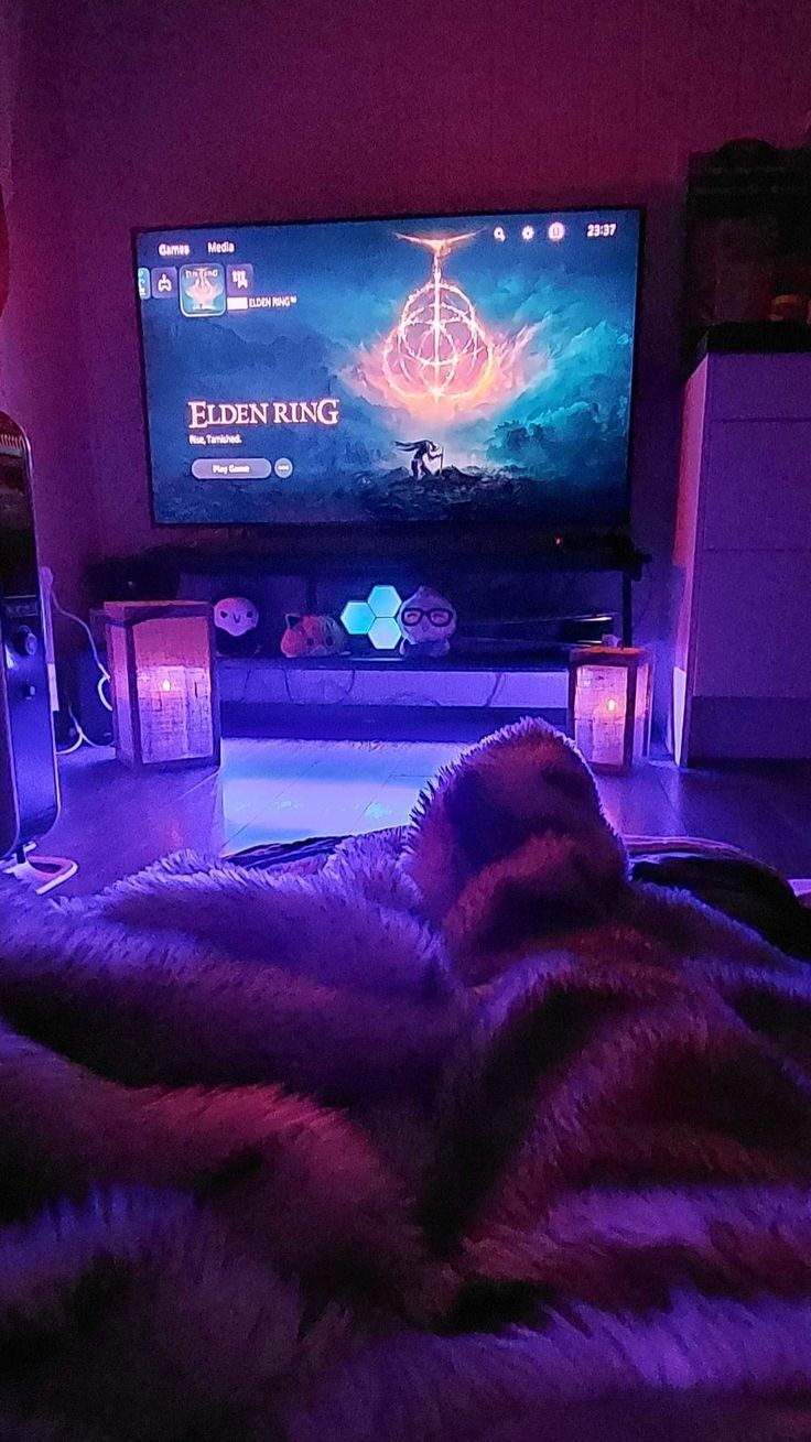 a cat is sleeping on the floor in front of a flat screen tv with purple lighting