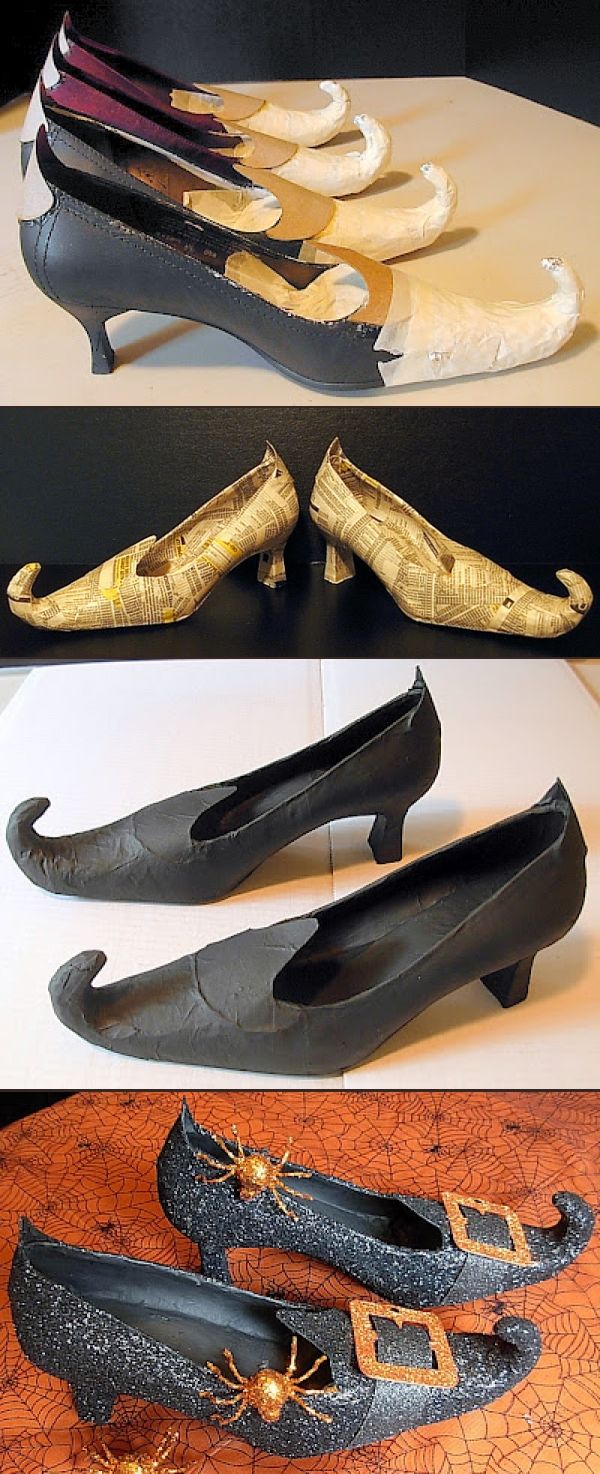 four different types of shoes on display with gold and black details in the middle one is made out of leather