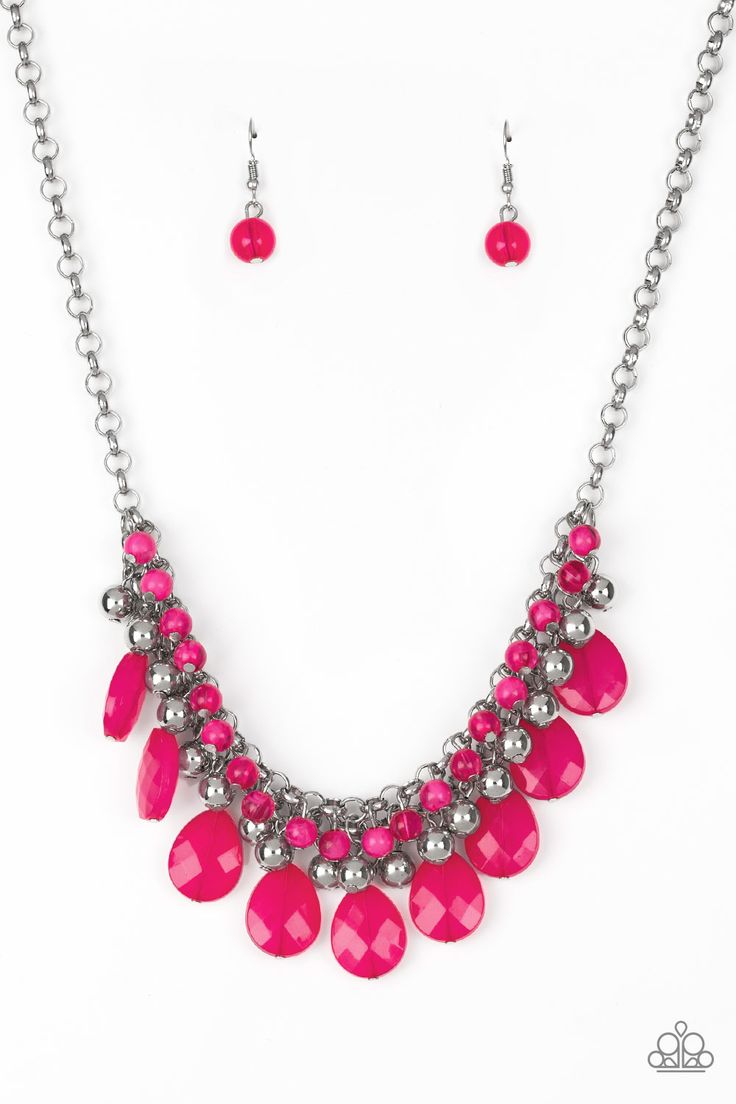 A row of cloudy pink beads gives way to a row of shiny silver beads. Brushed in an opalescent finish, pink teardrops cascade from the bottom of bold interlocking silver chains, creating a dramatically colorful fringe. Features an adjustable clasp closure.

Sold as one individual necklace. Includes one pair of matching earrings. Pink Jewels, Nickel Free Jewelry, Trending Necklaces, Silver Chains, Fringe Necklace, Pink Necklace, Teardrop Beads, Teardrop Necklace, Pink Beads