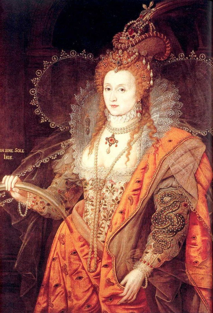 an old painting of a woman in orange and gold dress with a crown on her head