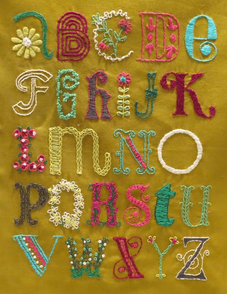 an embroidered alphabet with letters and numbers on it