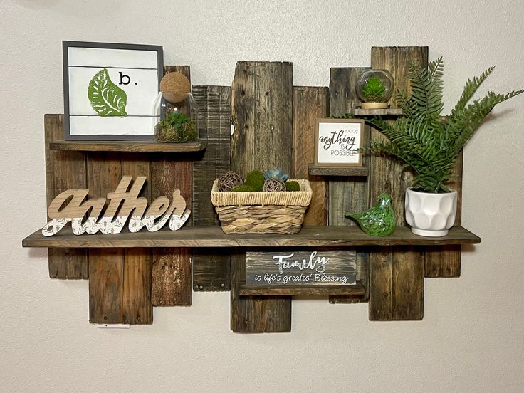 a shelf with some plants and pictures on it