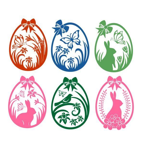 an image of easter eggs with animals and flowers on them in different colors, set of six