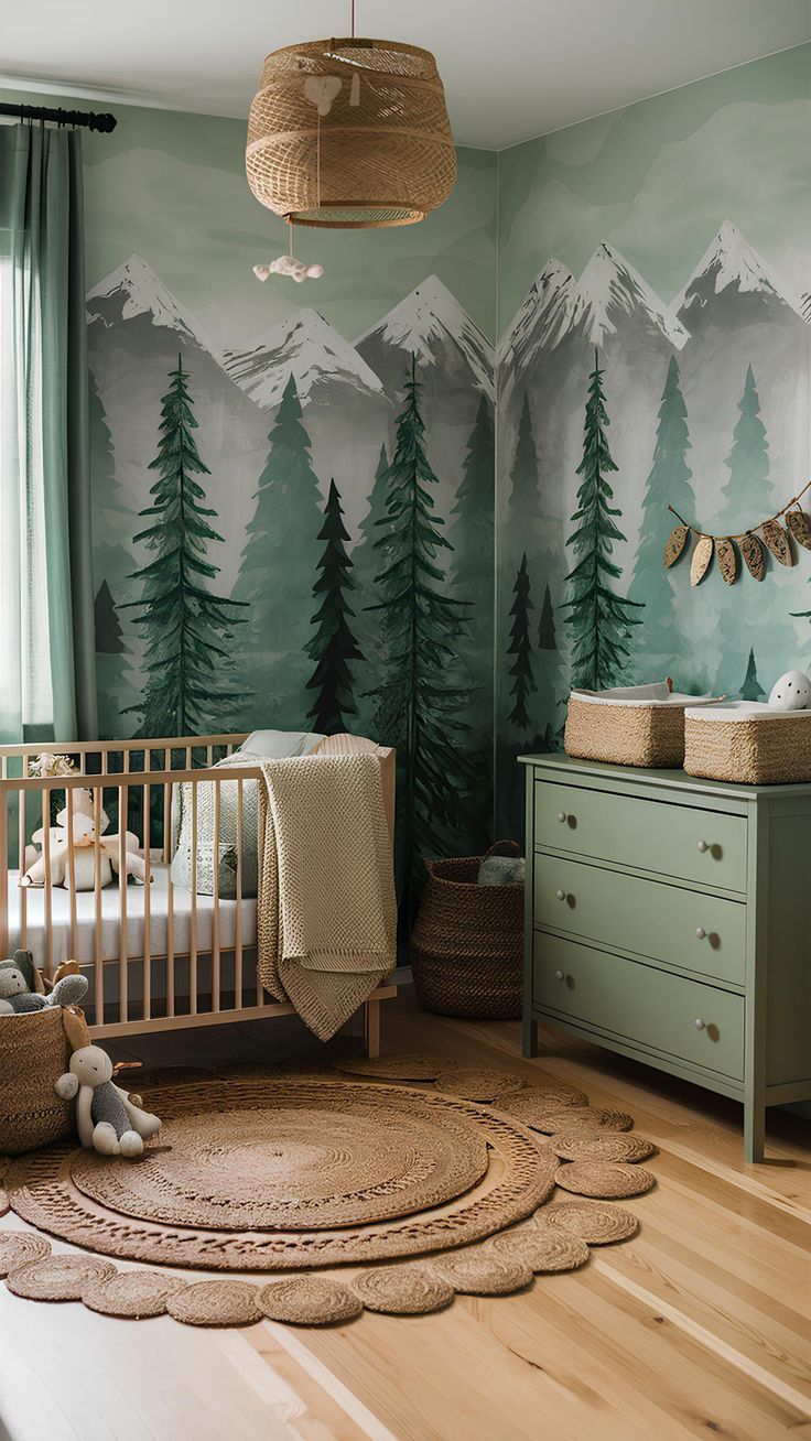 a baby's room with mountains and trees painted on the wall, including a crib