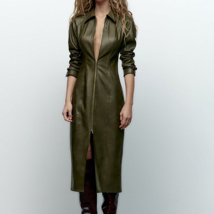 Loved It, But It Was Too Long For Me. Never Worn. Tags Still Attached. Brand New Style: 197816389 Zara Olive Green Dress, Vegan Leather Dress, Zara Printed Dress, Cream Midi Dress, Flowy Dress Long, Safari Dress, Strappy Midi Dress, Cable Knit Sweater Dress, Draped Midi Dresses