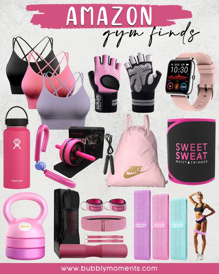 an image of the contents of a woman's gym bag and items for her workout routine