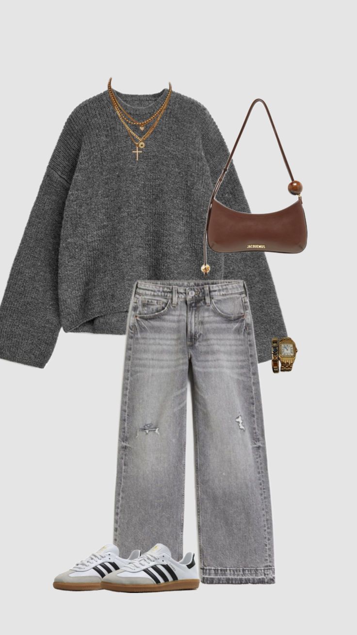 Gray Closet Ideas, Charcoal Gray Sweater Outfit, Cute Outfits With Grey Jeans, Gray Washed Jeans Outfit, Light Wash Jeans Winter Outfit, How To Style A Grey Sweater, Outfit Ideas With Grey Jeans, Outfit Ideas Grey Jeans, Grey Monochrome Outfit