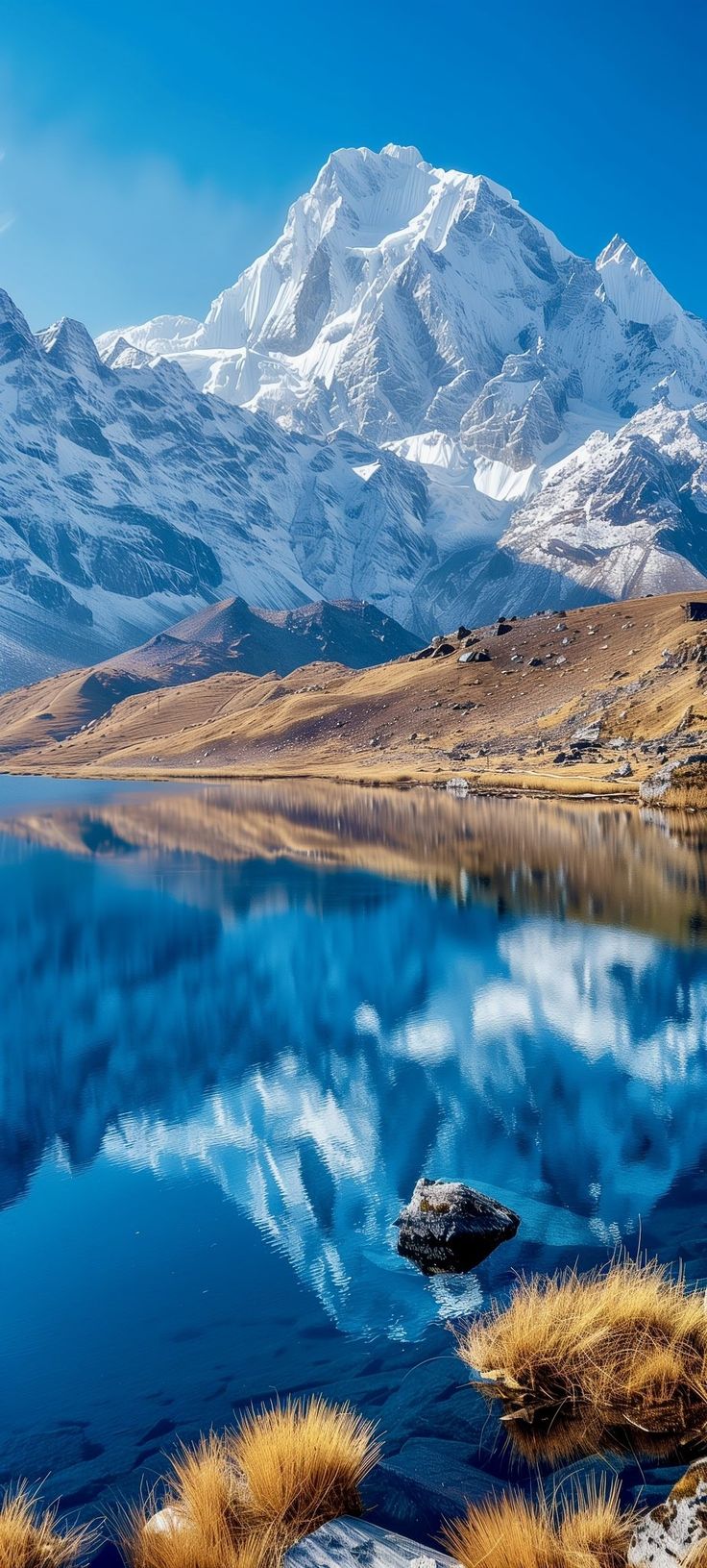 the mountains are covered in snow and there is still water