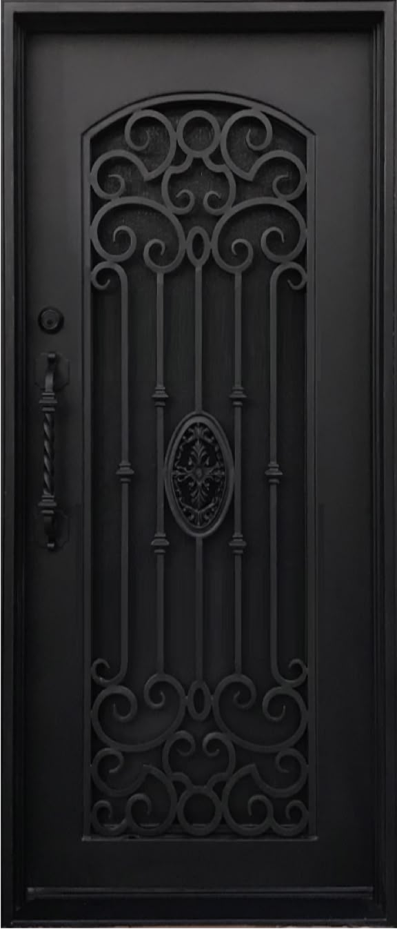 a black iron door with an ornate design on the front and side panels, which are also