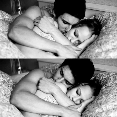 two photos of a man and woman cuddling in bed