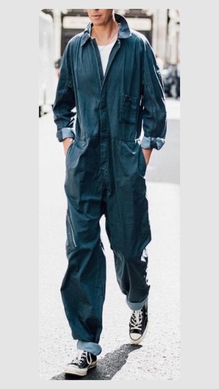 Created by ellalaurahansen1323 on Shuffles Men In Coveralls, Jumpsuit Men Fashion Street Styles, Men’s Boiler Suit, Men’s Coveralls, Mechanic Jumpsuit Mens, Denim Jumpsuit Outfit Men, Mechanic Jumpsuit Tied Around Waist, Mens Jumpsuit Outfit, Coverall Jumpsuit Street Styles