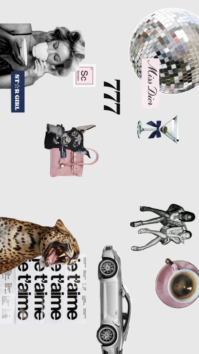 a collage of various items including a cat, coffee cup and mirror ball on a white background