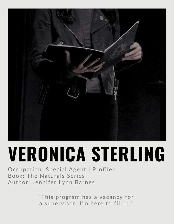 a woman standing in front of a black and white poster with the words veronica sterling