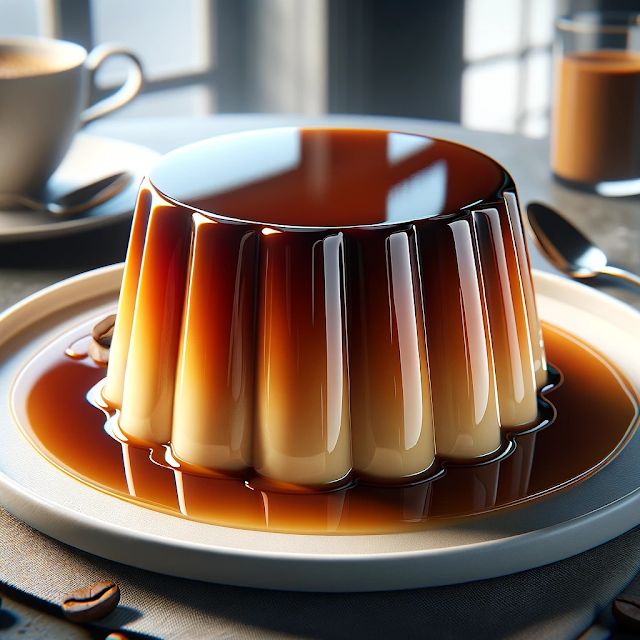 a chocolate dessert with caramel sauce on a plate next to two cups and spoons