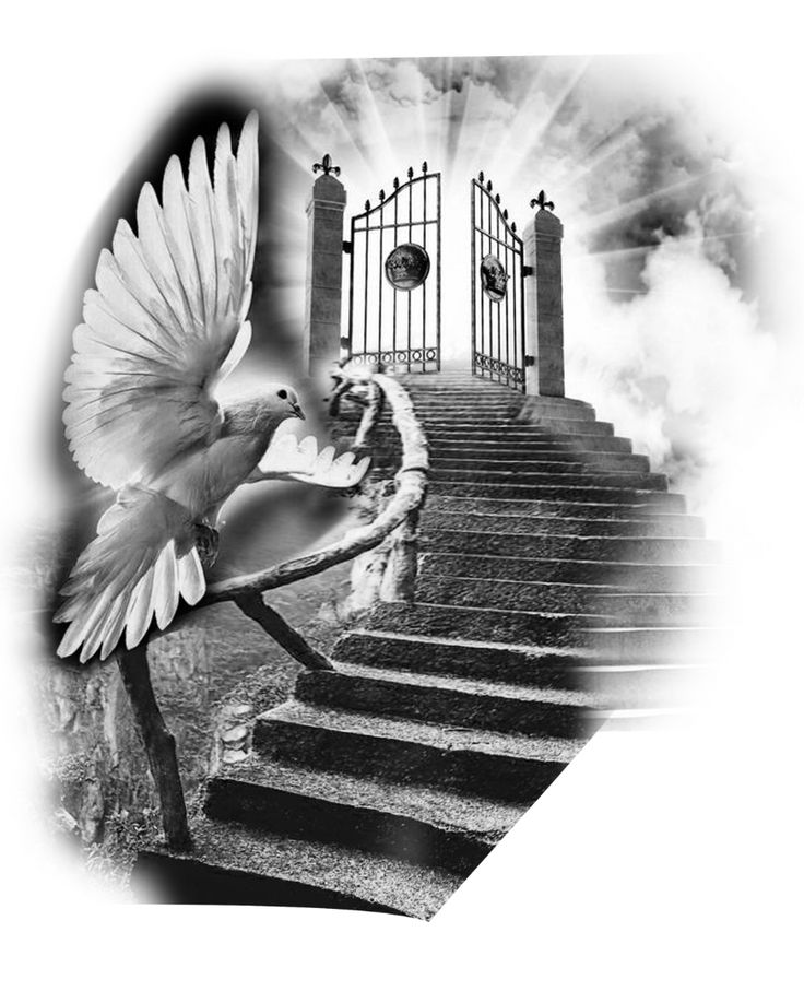 a bird flying over some steps with a clock in the sky above it and an open gate