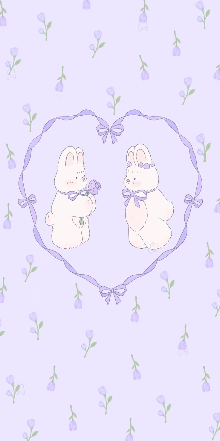 two rabbits in a heart shaped frame on a purple background with blue flowers and green leaves