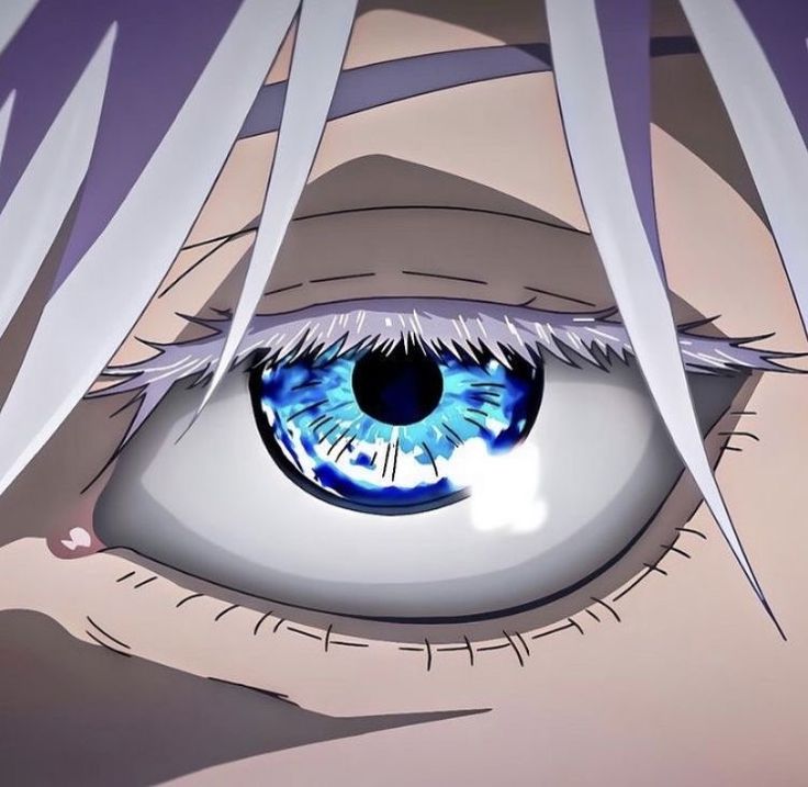 an anime character's eye with purple hair and blue eyes