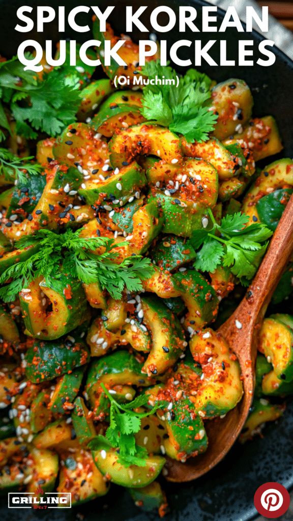 spicy Korean cucumbers in a black bowl with a wooden spoon Asian Pickled Vegetables, Korean Cucumbers, Korean Pickles, Asian Pickles, Oi Muchim, Homemade Staples, Side Dishes For Ham, Side Dishes For Salmon, Local Supermarket