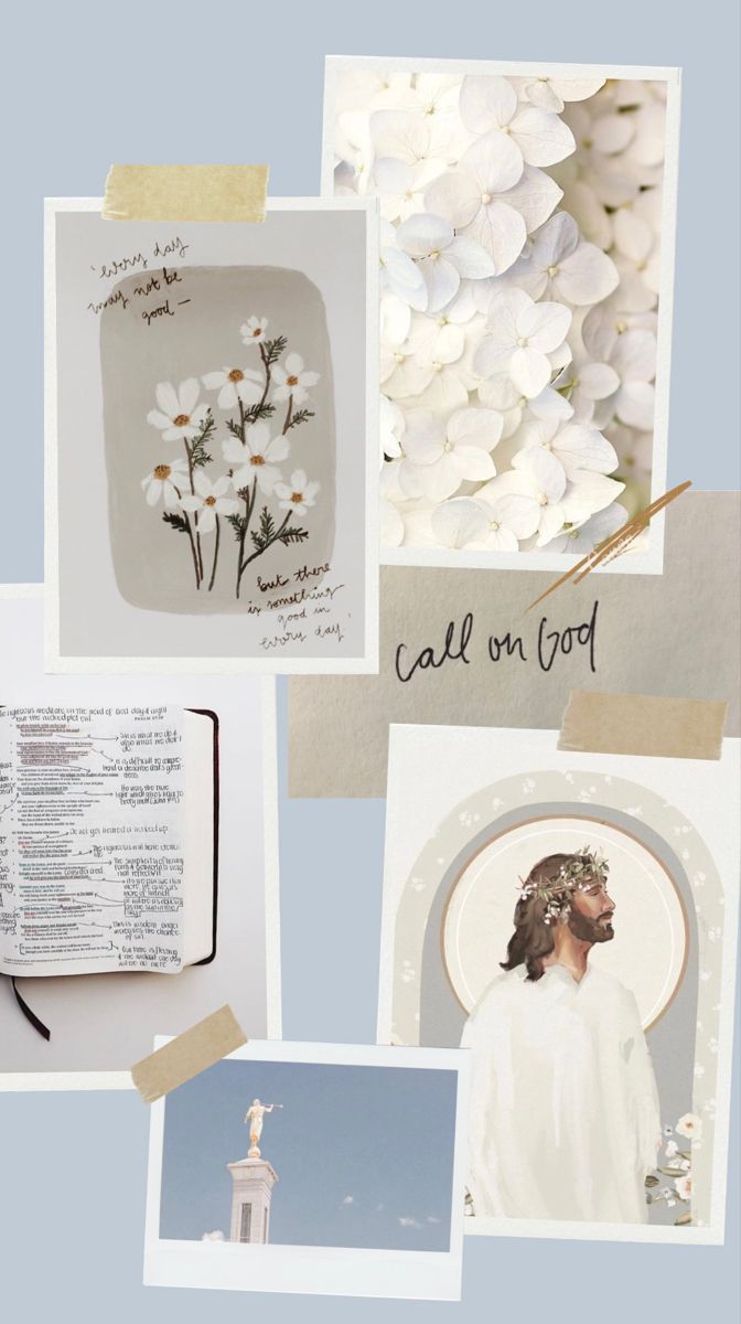 a collage of photos with white flowers and call me god written on the pages