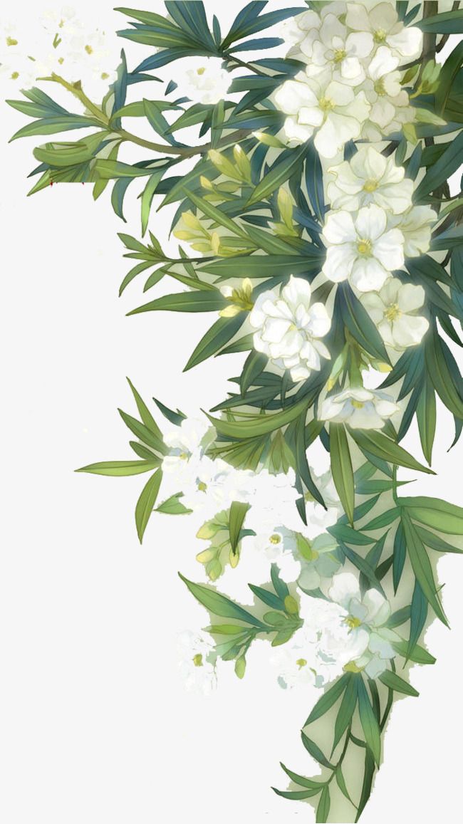 an artistic painting of white flowers and green leaves