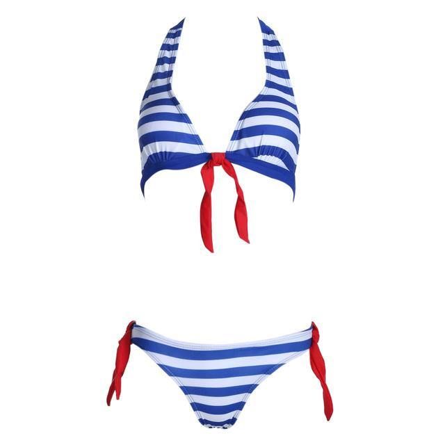 Bikini 2019 Women Swimwear Sexy Retro Stripe Print Bandage Push-Up Padded Two Piece Set Swimsuit Beachwear Bandage Swimming Suit  B020 - Tirdresses Blue Nautical Fitted Swimwear, Blue Nautical Swimwear For Beach Season, Striped Halter Neck Stretch Swimwear, Striped Stretch Halter Neck Swimwear, Blue Nautical Swimwear For Poolside, Nautical Blue Swimwear For Poolside, Blue Fitted Tankini With Tie-side Bottom, Navy Fitted Halter Neck Swimwear, Glasses Fashion Women