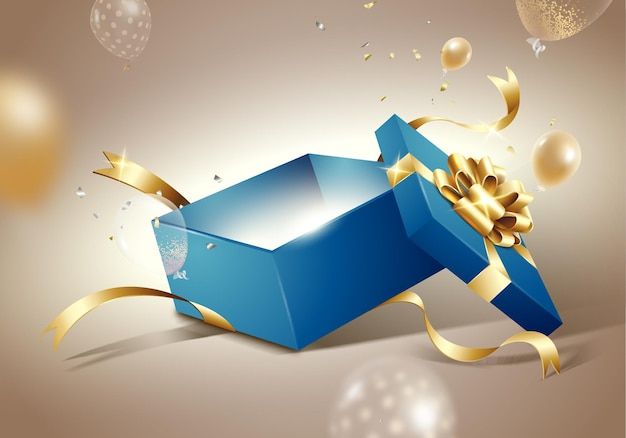 an open blue gift box with gold ribbon and confetti