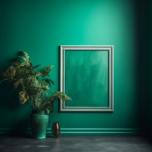 a green room with a potted plant next to a large framed painting on the wall