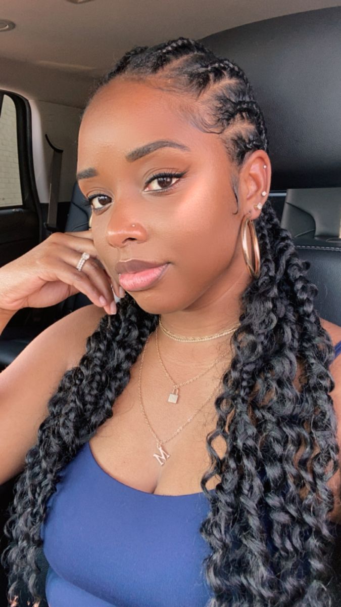 Boho braids, boho cornrows, feed in, bohemian braids, braids with curly hair Cornrows With Curly Ends, Goddess Cornrows, Feed In Cornrows, All Back Hairstyle, Back Braids, Straight Back Braids, Loc Nation, Cornrow Braid Styles, Diy Bohemian