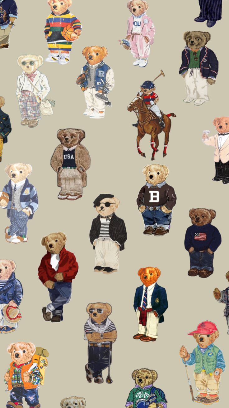 an image of many teddy bears with different clothes and numbers on them, all dressed up