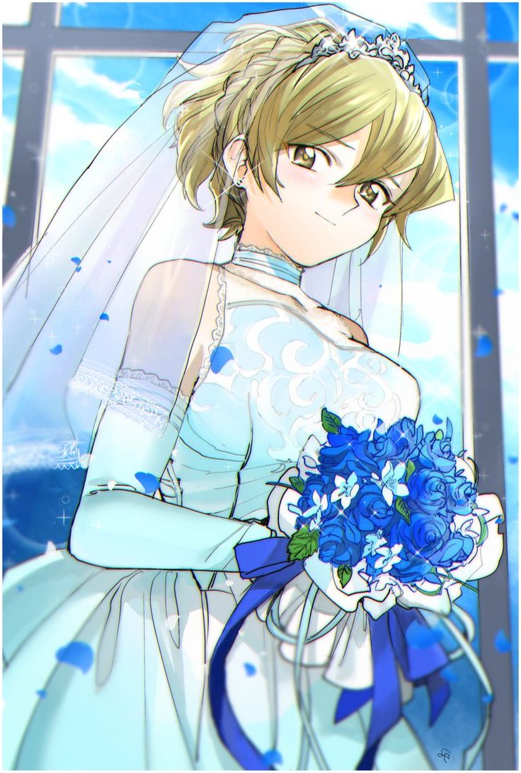 a woman in a wedding dress holding a blue bouquet