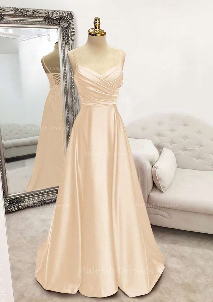 A Line V Neck Spaghetti Straps Long Floor Length Satin Prom Dress With Pleated Sweep Train Prom Dress, Line Silhouette, V Line, Corset Dress Prom, Mermaid Bridesmaid Dresses, Prom Dress Inspiration, Cute Prom Dresses, Pretty Prom Dresses, Satin Prom Dress