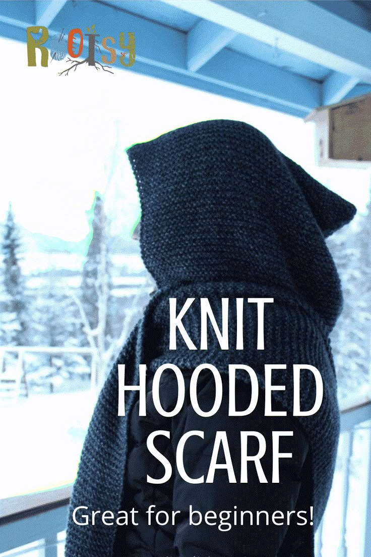 the cover of knit hooded scarf great for beginner's to learn how to knit