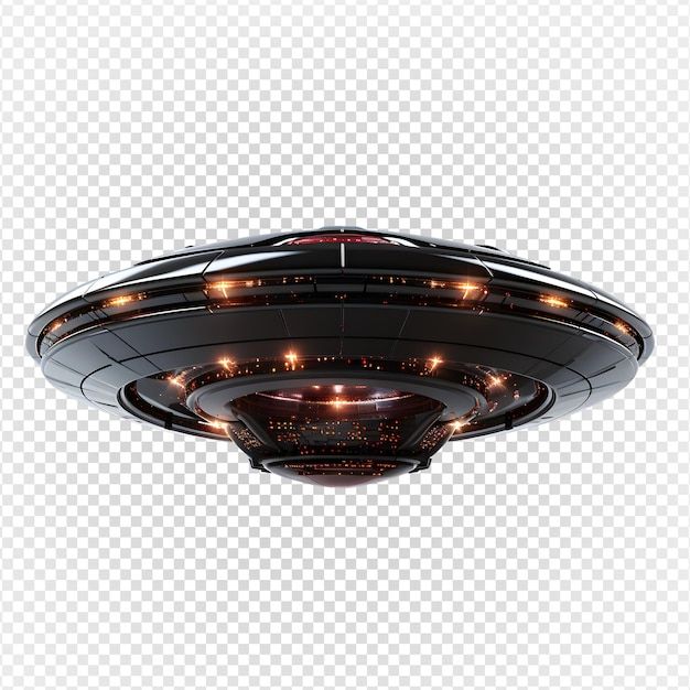 an alien ship flying through the air with lights on it's sides, transparent background