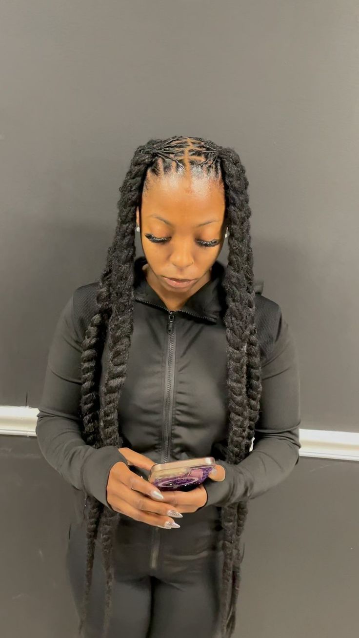 SlaybyNae🌺 | Jumbo braids ❤️‍🔥 #womenlocs #womenlocstyles #atllocs #dmvlocs #dmvloctician #extendedstyles #dmvloctician #dmvlocstylist #dmvlocstyles… | Instagram Long Locs Ponytail, Jumbo Twists Over Locs, Locs In Braids, 2 Braids With Locs, Jumbo Braids Over Locs, Hair Styles Over Locs, Extended Loc Styles, Jumbo Island Twist, Braids Over Locs Protective Styles