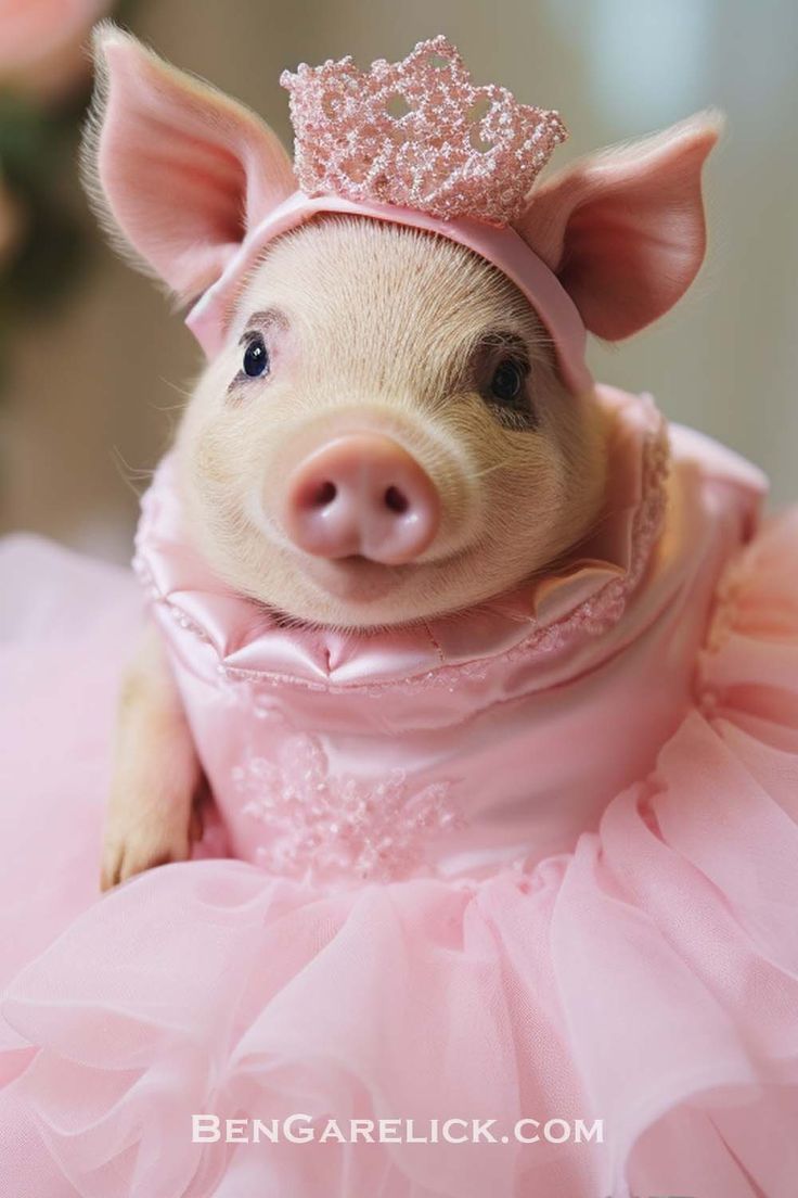 a small pig wearing a pink dress and tiara