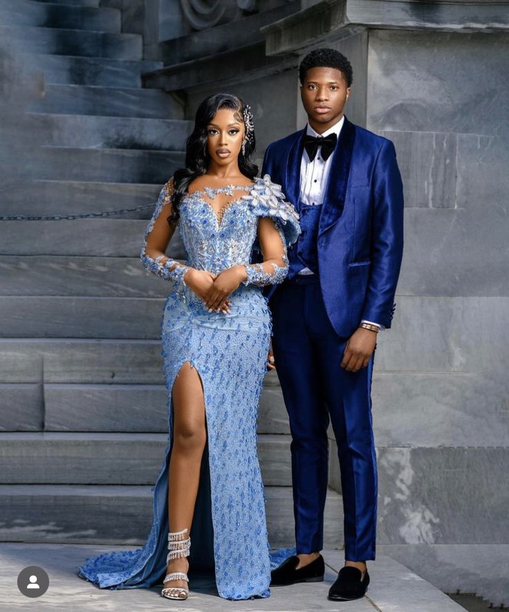 Different Color Prom Dresses, Matric Dance Couples, West African Prom Dress, Homecoming Dresses Senior Year, Prom Colors Black People, Teal Prom Dress Couple, Blue Prom Looks, Prom Poses Black Couples, Prom Dress Black Couple