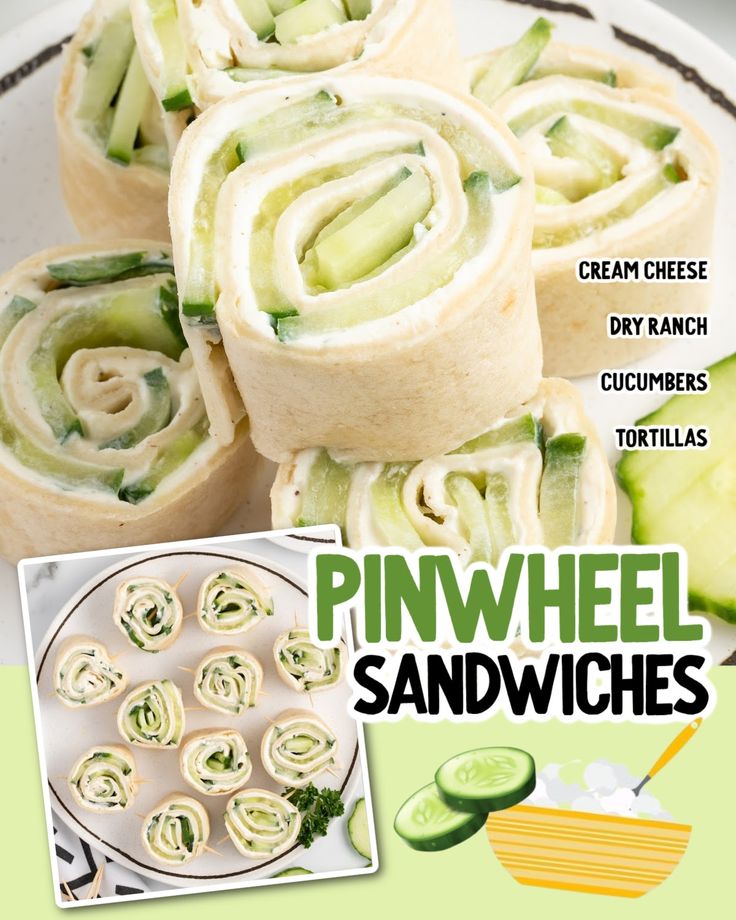 an advertisement for pinwheel sandwiches with cucumbers and cream cheese on the side