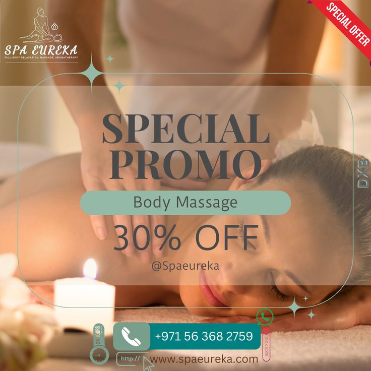 a woman getting a back massage with candles on the floor in front of her and text special promotion